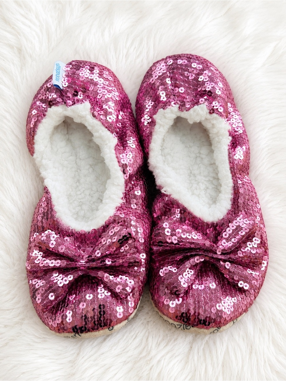 Snoozies Pink Sequin Bow Slippers Cozy Sherpa Lined Girls Small